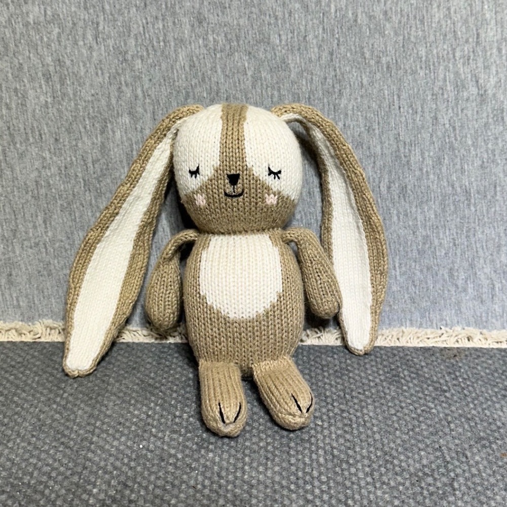 Knit Bunny Rabbit Plush Stuffed Animal Tan Cream Floppy Ears Sleepy Eyes Toy
